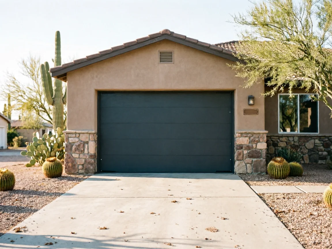 A house with a dark gray garage door and desert landscaping.