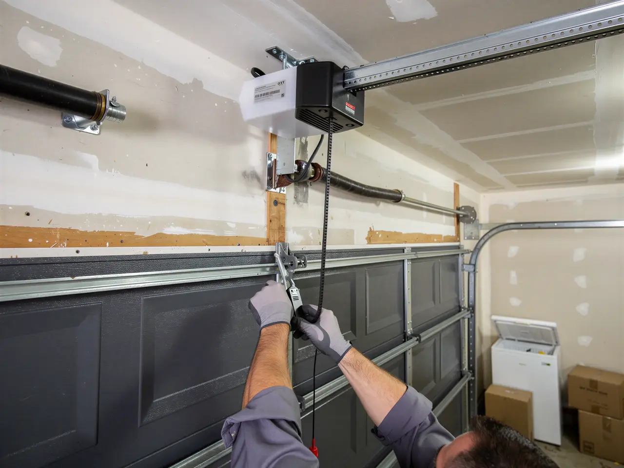 A technician is working on a garage door opener and a dark gray garage door.