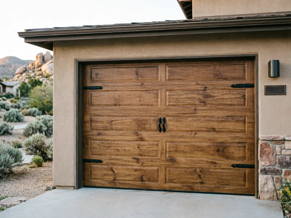 A brown wooden garage door with decorative black hardware is on a stucco house.